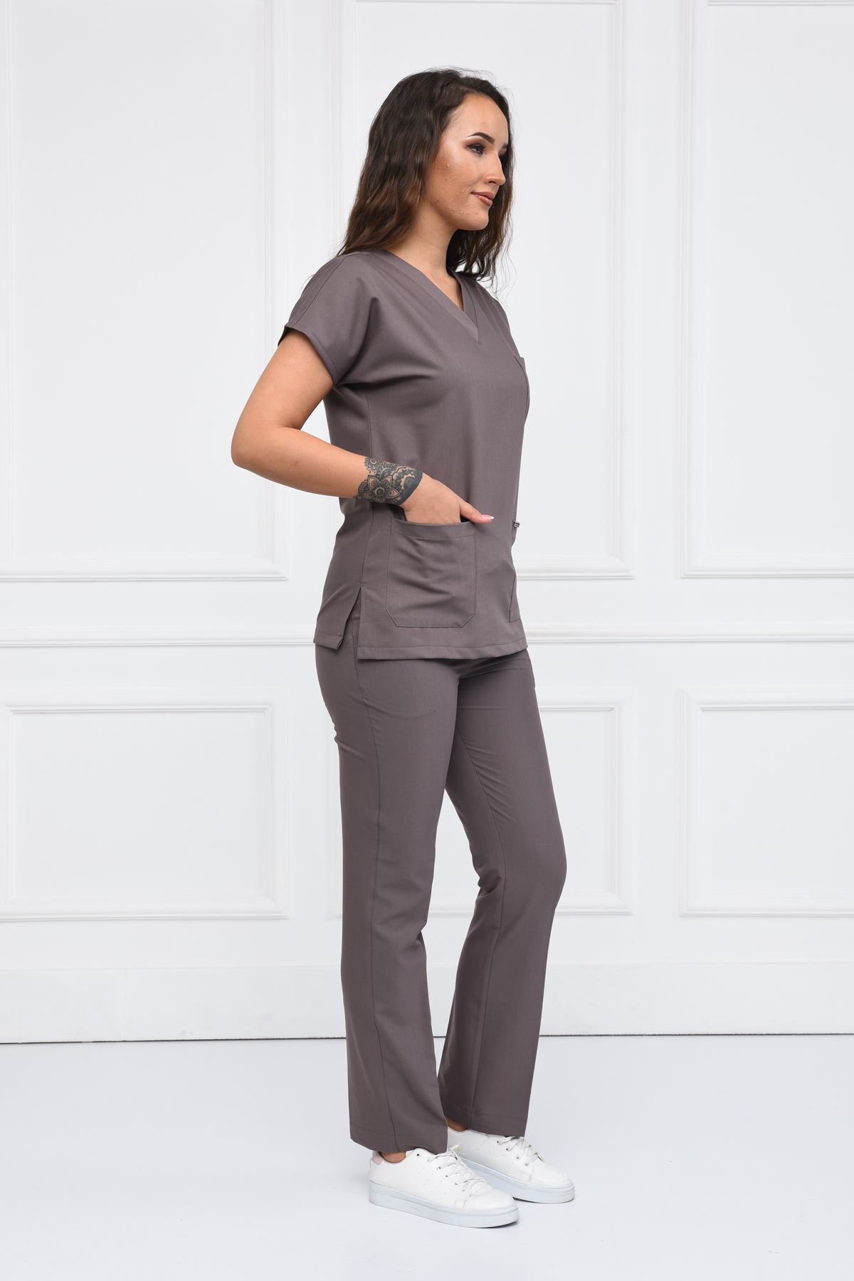 Nefmed Üniforma Greys Koyu Bej Kadın Takım