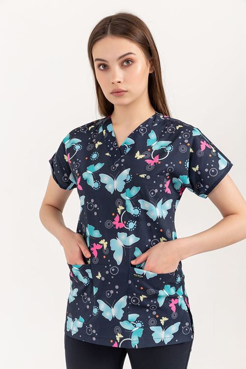 Nef Medikal Greys Desenli Kadın Tek Üst