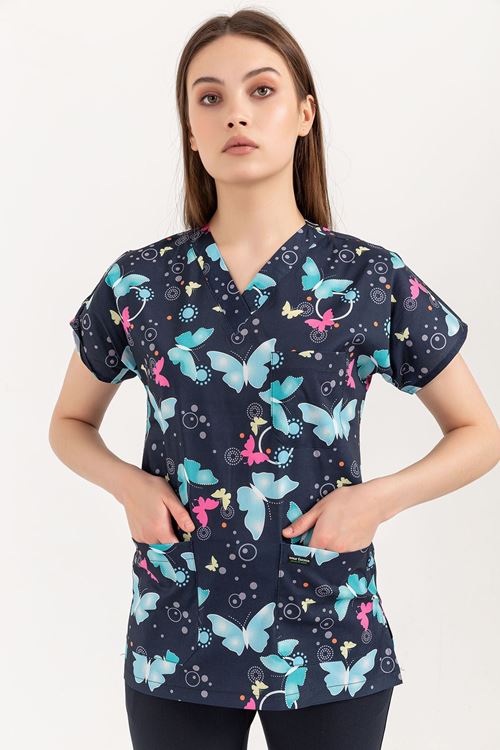 Nef Medikal Greys Desenli Kadın Tek Üst