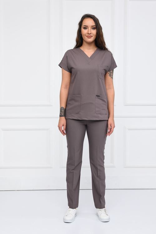 Nefmed Üniforma Greys Koyu Bej Kadın Takım